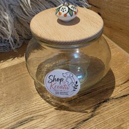 Schönes Glas mit Holzdeckel und kleinem farbigen Keramikgriff