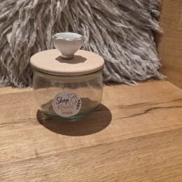 Sehr schönes Glas mit Holzdeckel und grossem weiss- grünen Keramikgriff