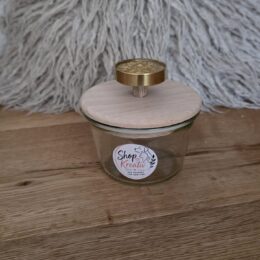 Schönes Glas mit Holzdeckel und schönem goldenen Griff