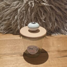Schönes Glas mit Holzdeckel und weiss-grünem Keramikgriff