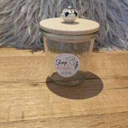 Schönes Glas mit Holzdeckel und kleinem farbigen Keramikgriff