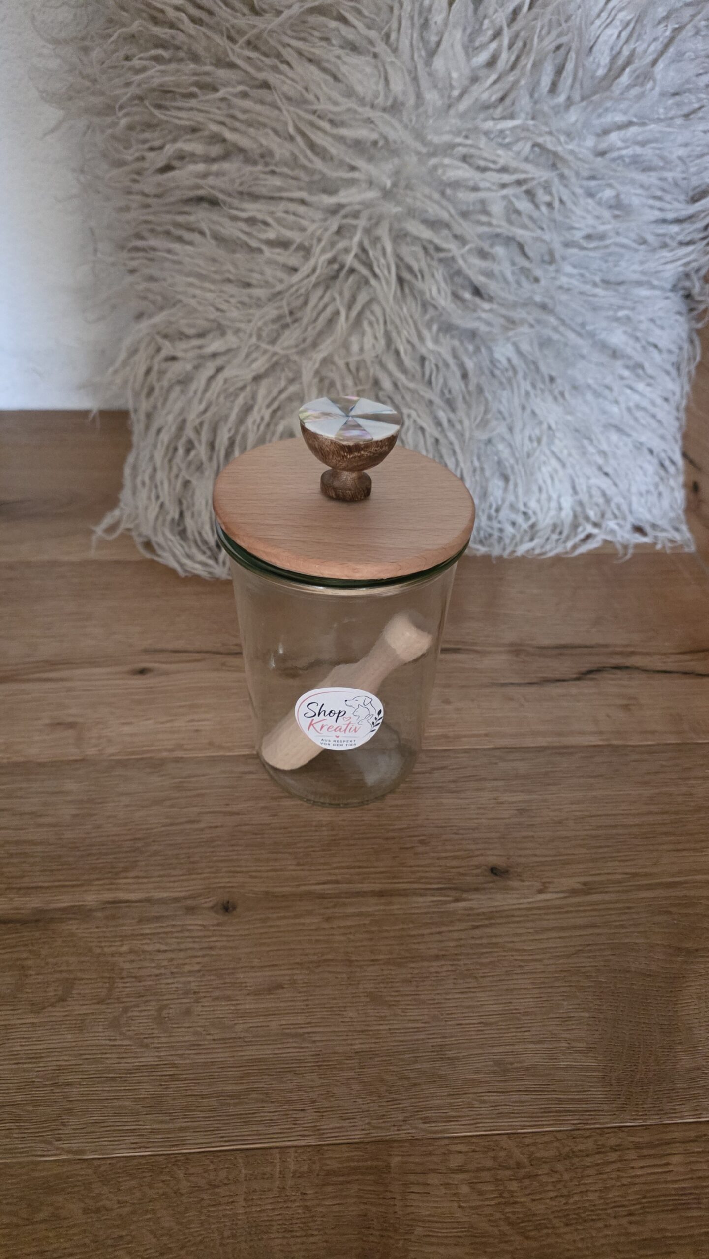Schönes Grosses Aufbewahrungsglas mit geöltem Holzdeckel und Holzperlmuttgriff mit Holzgriff