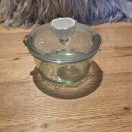 Grosses Schmuckglas mit Glasdeckel und grossem weissem-türkis Keramikgriff
